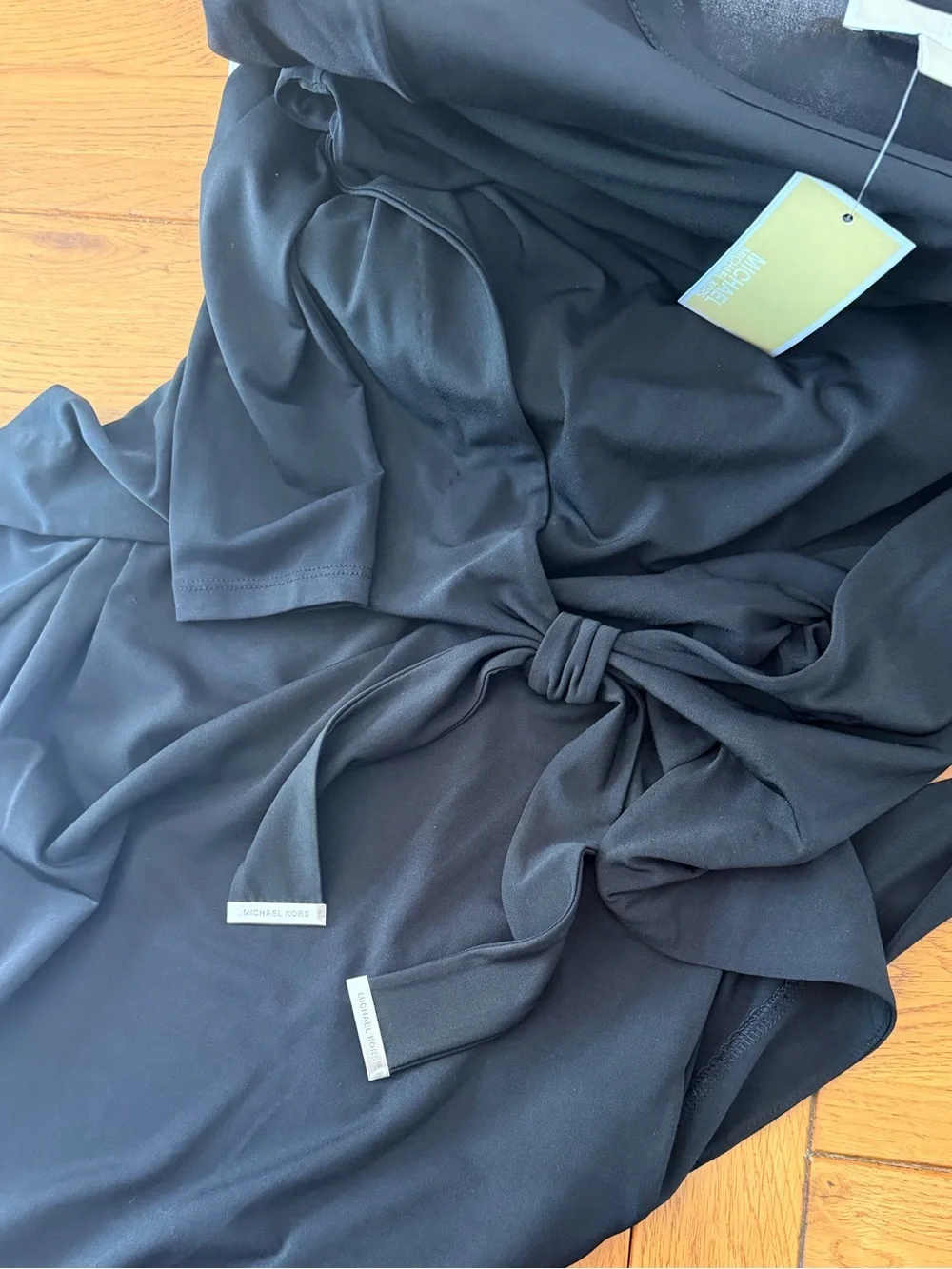 Michael KORS Little Black Dress Ruched Wrap Stretchy Midi Cocktail Dress Small